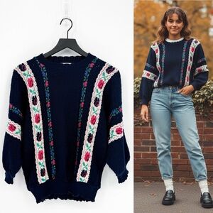 Vintage Bay Point Threads Pointelle Knit Cottagecore Floral Sweater Medium